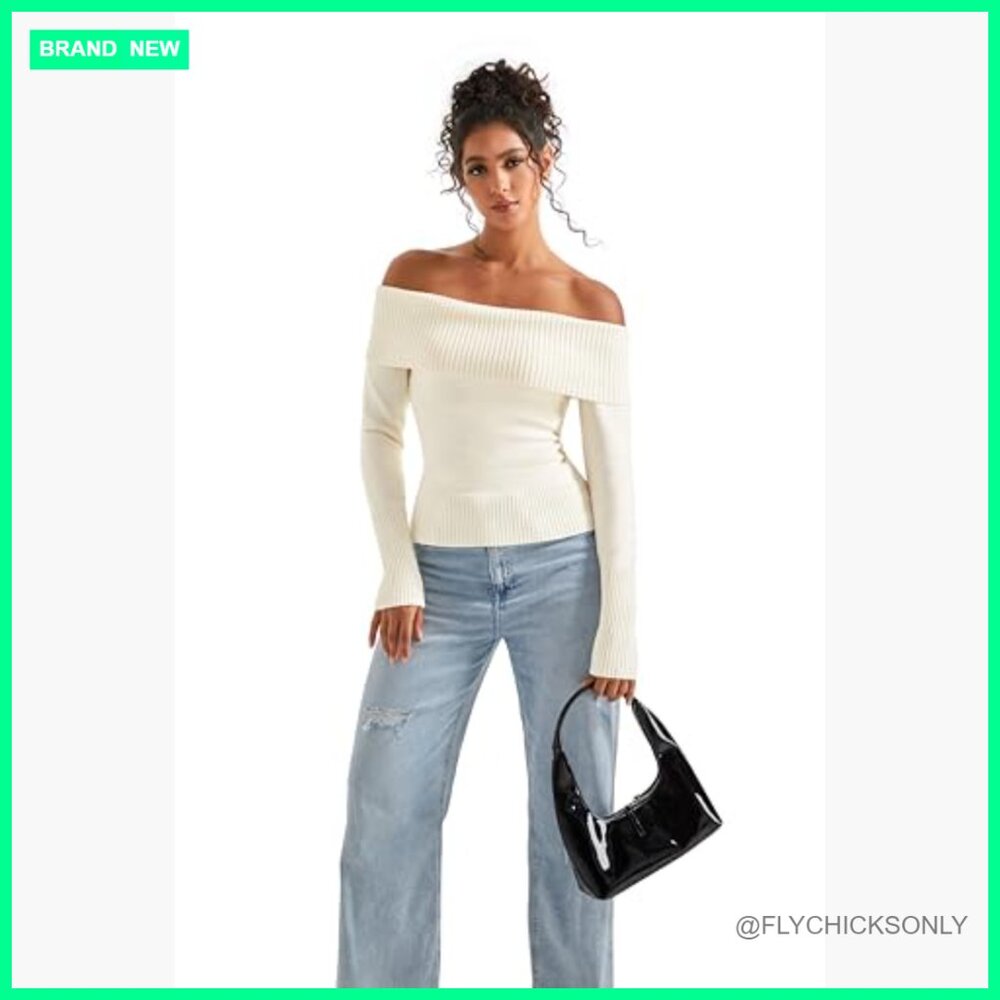 Off Shoulder Ribbed Knit Sweater Pullover Long Sl… - image 2